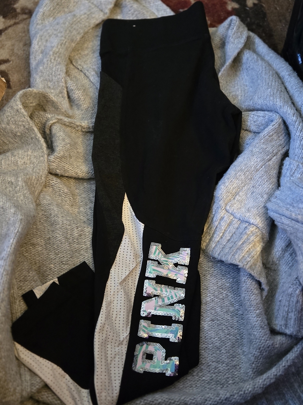 Victoria's Secret Black Leggings with Iridescent PINK Logo